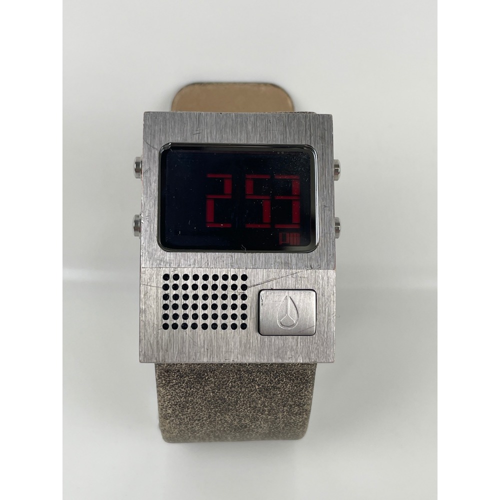 VTG Nixon The Dork Talking Digital Watch Stainless Steel Brown Leather Strap Y2K